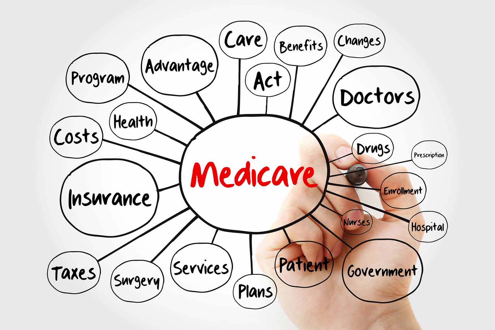 Hand drawing a Medicare mind map with words like Advantage, Costs, Drugs and Doctors